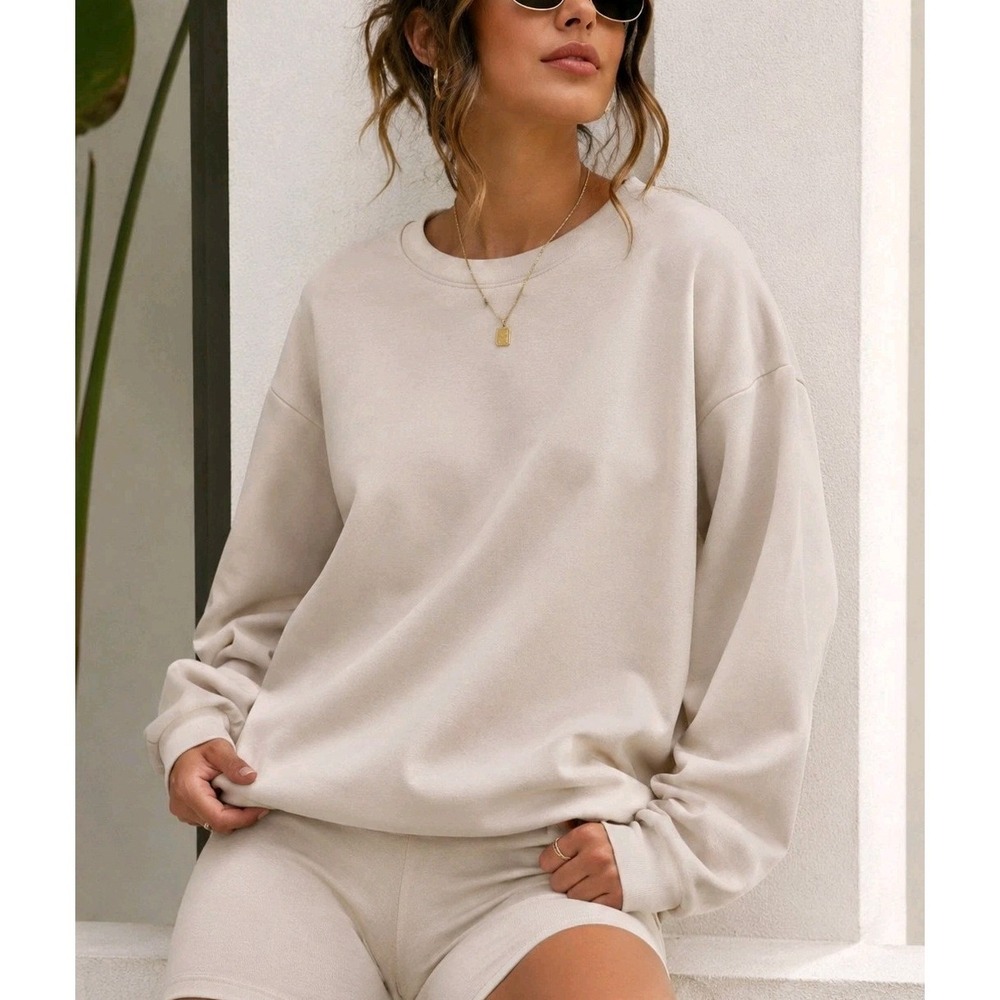 LazyPants Women's Oversized Crewneck Sweatshirt Beige Size L NWT Soft